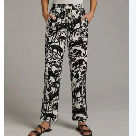 MAEVE BY ANTHROPOLOGIE TENLEY BLACK WHITE JUNGLE ANIMAL PRINT TWILL TRACK PANTS - Picture 2 of 11